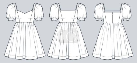 Illustration for Mini Dress technical fashion illustration. Puff Sleeve Ruffled Dress fashion flat technical drawing template, v neck, square neck, back zip-up, front and back view, white color, women CAD mockup set. - Royalty Free Image