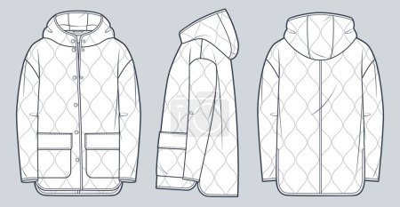 Illustration for Hooded Jacket technical fashion Illustration. Quilted padded Down Jacket fashion flat technical drawing template, button-down, puffer, pocket, front, side and back view, white, women, men, unisex CAD mockup set. - Royalty Free Image
