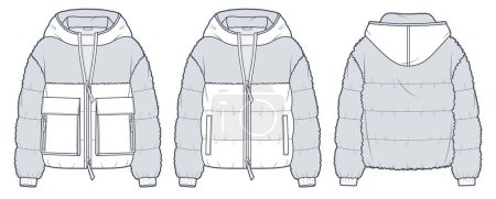 Hooded Fur Jacket technical fashion Illustration. Down Jacket, Outerwear fashion flat technical drawing template, zip-up, pocket, front and back view, white, women, men, unisex CAD mockup set.
