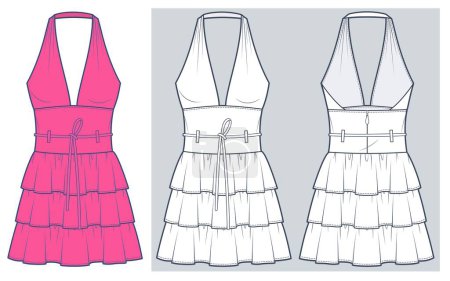 Illustration for Women Halter mini Dress technical fashion illustration. Tiered Dress fashion flat technical drawing template, ruffled, mini lengths, zip-up, front and back view, white, pink, women CAD mockup set. - Royalty Free Image