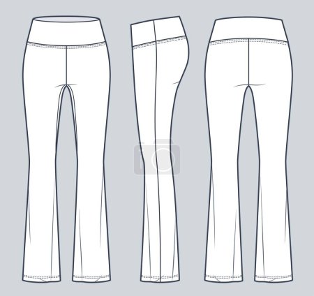 Illustration for Flared Leggings technical fashion illustration, fashion design. Sports Leggings Pants fashion flat technical drawing template, slim fit, front, side and back view, white, women, men, unisex CAD mockup set. - Royalty Free Image