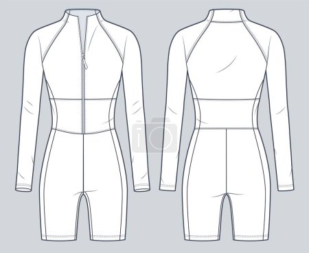 Illustration for Long Sleeve Sports Bodysuit technical fashion illustration. Swimsuit fashion flat technical drawing template, slim fit, front and back view, women, men, unisex CAD mockup. - Royalty Free Image