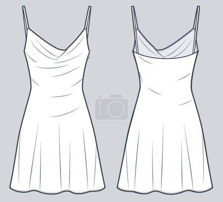 Illustration for Mini Slip Dress technical fashion illustration. Strap Dress fashion flat technical drawing template, side zip-up, front and back view, white color, women CAD mockup. - Royalty Free Image
