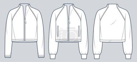Illustration for Raglan Sleeve Sweatshirt technical fashion illustration. Cropped Shirt fashion flat technical drawing template, zip-up, pocket, front and back view, white, women, men, unisex CAD mockup set. - Royalty Free Image
