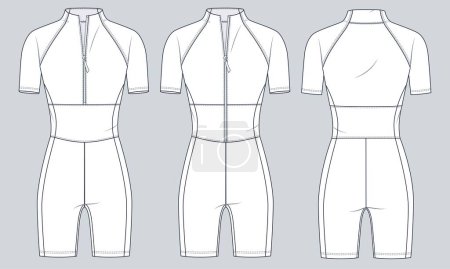 Illustration for Sports Bodysuit technical fashion illustration. Swimsuit fashion flat technical drawing template, slim fit, short sleeve, front and back view, women, men, unisex CAD mockup set. - Royalty Free Image