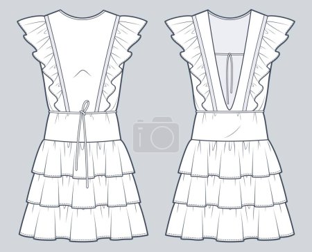 Illustration for Women mini Dress technical fashion illustration. Tiered Dress fashion flat technical drawing template, ruffled, cutout,  mini lengths, front and back view, white, women CAD mockup. - Royalty Free Image
