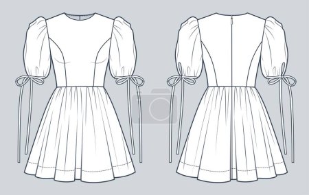 Illustration for Puff Sleeve Dress technical fashion illustration. Mini Dress fashion flat technical drawing template, round neck, zip-up, tie sleeves, front and back view, white color, women CAD mockup. - Royalty Free Image