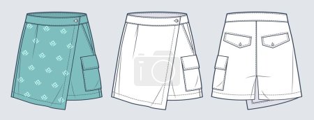   Kurze Hosen technische Mode Illustration. Rock und Shorts Mode flache tecknische Zeichnungsvorlage, Vorder- und Rückseite, weiß, grün, CAD-Attrappe für Frauen.