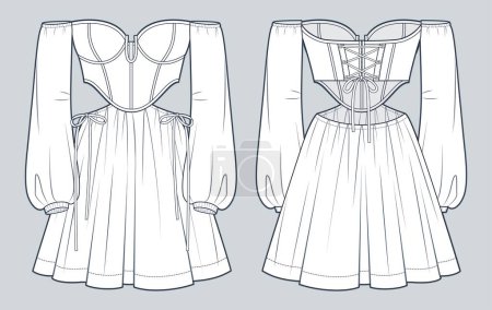 Illustration for Off Shoulder Dress witch Corset technical fashion Illustration. Bustier mini Dress fashion flat technical drawing template, long sleeve, lace-up,cutout, front and back view, white, women CAD mockup. - Royalty Free Image