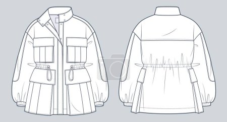 Unisex Parka Jacket technical fashion Illustration. Drawstring Jacket, Coat fashion flat technical drawing template, button closure, gusset pocket, oversize, front and back view, white, women, men, unisex CAD mockup.