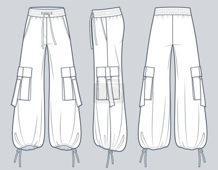 Illustration for Wide leg Pants fashion flat technical drawing template. Drawstring Pants technical fashion Illustration, oversize, pocket, elastic waistband, front, side and  back view, white, women, men, unisex CAD mockup set. - Royalty Free Image