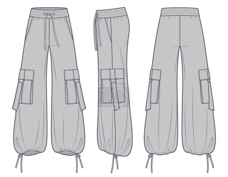 Illustration for Wide leg Pants technical fashion illustration, fashion design, drawstring, oversize, pocket, elastic waistband, front, side and  back view, grey, women, men, unisex CAD mockup set. - Royalty Free Image