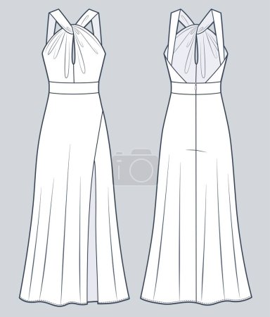 Halter maxi Dress technical fashion illustration. Strappy Dress fashion flat technical drawing template, front slit, back zip-up, draped, front and back view, white color, women CAD mockup.