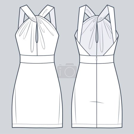 Illustration for Halter mini Dress technical fashion illustration. Strappy Dress fashion flat technical drawing template, back zip-up, draped, slim fit, front and back view, white color, women CAD mockup. - Royalty Free Image