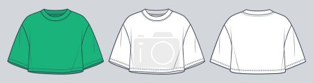 Beschnittenes T-Shirt technische Modeillustration. Unisex Crop Top Mode flache technische Zeichnungsschablone, Overfit, Vorder-, Rückseite, weiß, grüne Farbe, Frauen, Männer, Unisex CAD-Attrappe.