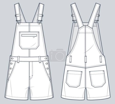 Illustration for Denim Overalls fashion flat technical drawing template. Short Dungarees, Jumpsuit technical fashion illustration, pockets, relaxed fit, front and back view, white, women, men, unisex CAD mockup. - Royalty Free Image