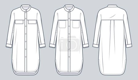 Illustration for Shirt Dress technical fashion Illustration. Dress with Raglan Sleeves Yoke fashion flat technical drawing template, band collar, button-up, midi, oversize, front and back view, white, women, men, unisex CAD mockup set. - Royalty Free Image