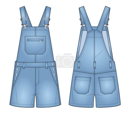 Illustration for Denim Overalls fashion design. Short Dungarees, Jumpsuit technical fashion illustration, pockets, relaxed fit, front and back view, blue, women, men, unisex CAD mockup. - Royalty Free Image