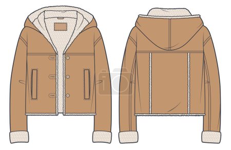 Illustration for Hooded Jacket with Faux Fur technical fashion illustration. Sheepskin Coat, Leather Bomber fashion flat technical drawing template, pockets, button up, front and back view, leather brown color, women, men, unisex CAD mockup. - Royalty Free Image