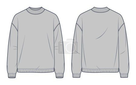 Illustration for Sweatshirt technical fashion illustration. Round Neck Sweatshirt fashion flat technical drawing template, rib, long sleeve, relaxed fit, front, back view, grey color, women, men, unisex CAD mockup. - Royalty Free Image