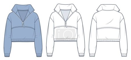 Illustration for Cropped Sweatshirt technical fashion illustration. Zipped Roll Neck Sweatshirt fashion flat technical drawing template, raw, oversized, front and back view, white, blue, women, men, unisex CAD mockup set. - Royalty Free Image