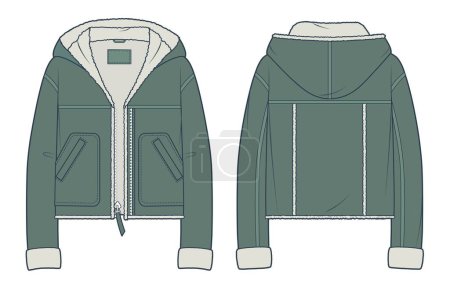 Illustration for Hooded Jacket with Faux Fur technical fashion illustration. Bomber Jacket fashion flat technical drawing template, pockets, zipper, front and back view, green, women, men, unisex CAD mockup. - Royalty Free Image
