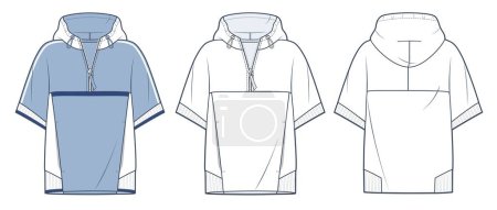 Illustration for Hooded T-Shirt technical fashion illustration. Sweatshirt fashion flat technical drawing template, raglan short sleeve, pocket, zip-up, front and back view, white, blue, women, men, unisex CAD mockup set. - Royalty Free Image