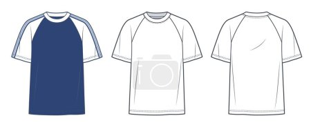 Illustration for Tee Shirt fashion flat technical drawing template. Raglan Sleeve T Shirt technical fashion Illustration, overfit, short sleeve, front and back view, white,blue color, women, men, unisex CAD mockup set. - Royalty Free Image
