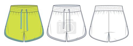 Sports Shorts technical fashion illustration. Pajama Shorts fashion flat technical drawing template, elastic waist, side slit, front and back view, white, yellow, women, men, unisex CAD mockup set.