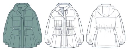 Illustration for Parka Jacket technical fashion Illustration. Hooded Drawstring Jacket fashion flat technical drawing template, button closure, gusset pocket, oversize, front and back view, white, green, women, men, unisex CAD mockup set. - Royalty Free Image