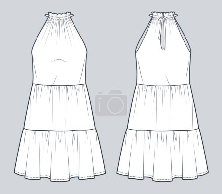 Illustration for Halter Dress technical fashion illustration. Tiered Dress fashion flat technical drawing template, mini lengths, relaxed fit, front and back view, white, women CAD mockup set. - Royalty Free Image