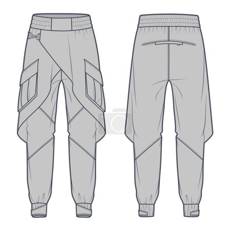 Illustration for Cargo Pants technical fashion illustration. Wrap Jogger Pants fashion flat technical drawing template, pockets, elastic waistband, front and back view, grey color, women, men, unisex CAD mockup set. - Royalty Free Image