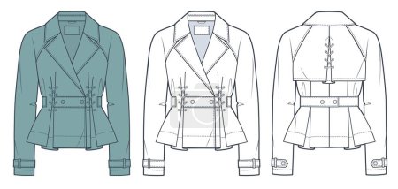 Illustration for Cropped Trench Coat technical fashion Illustration. Raglan Sleeve Jacket fashion flat technical drawing template, front and back view, lace-up, white, green, women CAD mockup set. - Royalty Free Image