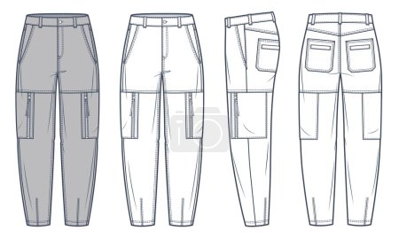 Illustration for Cargo Pants technical fashion Illustration, grey design. Jeans Pants fashion flat technical drawing template, gusset pockets, front, side and back view, white, women, men, unisex CAD mockup set. - Royalty Free Image
