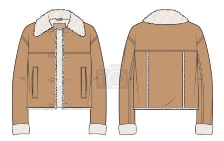 Illustration for Jacket with Faux Fur technical fashion illustration. Sheepskin Coat, Leather Bomber fashion flat technical drawing template, pockets, button up, front and back view, leather brown color, women, men, unisex CAD mockup. - Royalty Free Image