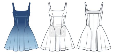 Illustration for Women's mini Dress technical fashion Illustration, blue design. Dress with shoulder straps fashion flat technical drawing template, slim fit, zip-up, corset, front and back view, white, CAD mockup set. - Royalty Free Image