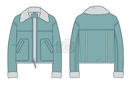 Illustration for Unisex  Jacket with Faux Fur technical fashion illustration. Sheepskin Coat, Leather Bomber fashion flat technical drawing template, pockets, button up, front and back view, green, women, men, unisex CAD mockup. - Royalty Free Image
