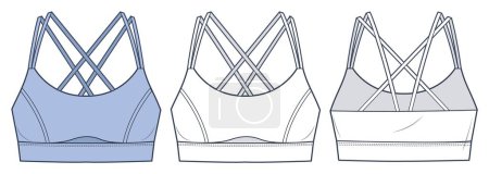 Sujetador deportivo ilustración técnica de moda, diseño azul. Crop Top plantilla de dibujo técnico plano de moda, vista frontal y trasera, blanco, conjunto de maquetas CAD de mujeres.