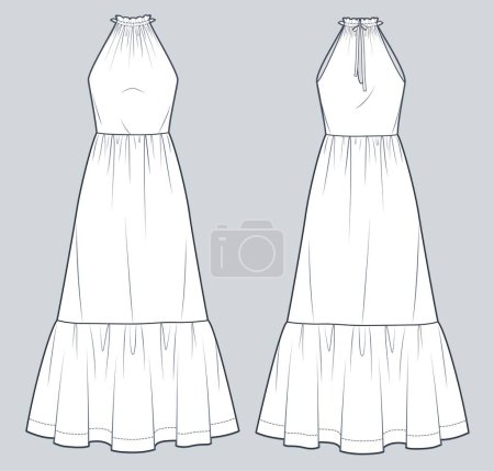 Illustration for Halter Dress technical fashion illustration. Tiered maxi Dress fashion flat technical drawing template, relaxed fit, front and back view, white, women CAD mockup set. - Royalty Free Image