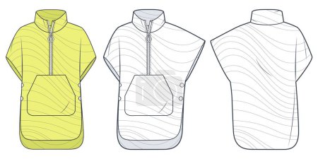 Illustration for Down Jacket Vest technical fashion Illustration, yellow design. Waistcoat, Puffer Poncho fashion flat technical drawing template, sleeveless, pocket, front and back view, white, women, men, unisex CAD mockup set. - Royalty Free Image