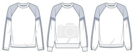 Illustration for Set of Sweatshirts with different bottoms technical fashion illustration. Striped Sweatshirt fashion flat technical drawing template, oversized, front view, white and grey, women, men, unisex CAD mockup set. - Royalty Free Image