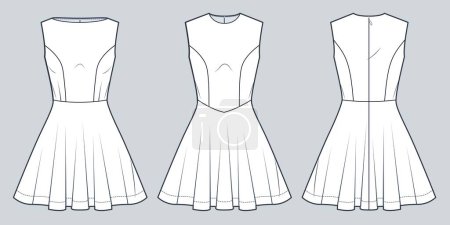 Illustration for Women's mini Dress technical fashion Illustration. Dress with circle skirt fashion flat technical drawing template, slim fit, round and boat neck, sleeveless, zip-up, front and back view, white, women CAD mockup set. - Royalty Free Image