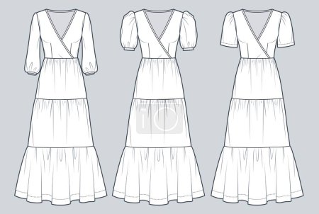 Conjunto de vestidos de gradas ilustración de moda técnica. Puff Sleeve Maxi vestido de moda plana plantilla de dibujo técnico, manga corta y 3 / 4, vista frontal, blanco, conjunto de maquetas CAD de las mujeres.