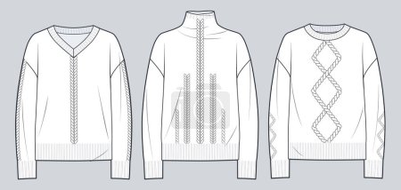 Illustration for Sweaters Set, Jumpers technical fashion illustration. Pigtails Sweaters fashion technical drawing template, overfit, roll neck, round neck, v neck, front view, white, women, men, unisex CAD mock-up. - Royalty Free Image