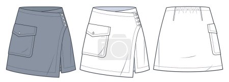 Illustration for Wrap Mini Skirt technical fashion illustration. Asummetric Skirt fashion flat technical drawing template, pocket, buttons, front and back view, white, grey, women CAD mockup set. - Royalty Free Image