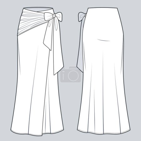 Illustration for Wrap maxi Skirt technical fashion illustration. Asymmetric Draped Skirt fashion flat technical drawing template, A-line, front and back view, white, women CAD mockup. - Royalty Free Image