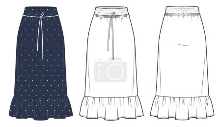 Illustration for Ruffled midi Skirt technical fashion illustration. Polka-dot Skirt fashion flat technical drawing template, midi lengths, elastic waistband, front and back view, white, blue, women CAD mockup set. - Royalty Free Image