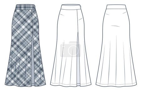 Skirt technical fashion illustration, plaid pattern. Maxi Skirt fashion flat technical drawing template, front slit, side zipper, front, back view, white, grey, women CAD mockup set.