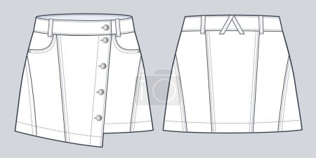 Illustration for Mini Skirt technical fashion illustration. Asymmetric Skirt fashion flat technical drawing template, mini length, pockets, buttons, front and back view, white, women, men, unisex CAD mockup. - Royalty Free Image