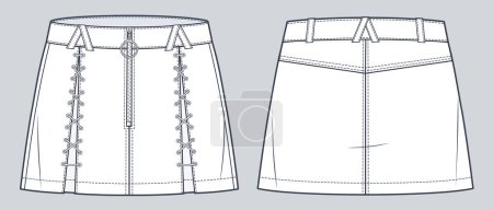 Illustration for Mini Skirt technical fashion illustration. Lace-up Skirt fashion flat technical drawing template, mini length, zipper, front and back view, white, women, men, unisex CAD mockup. - Royalty Free Image